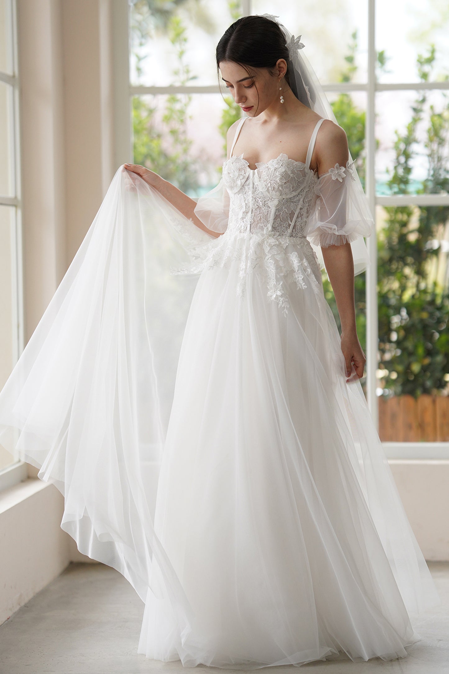 A-Line Sweep-Brush Train Lace Tulle Wedding Dress CW3307