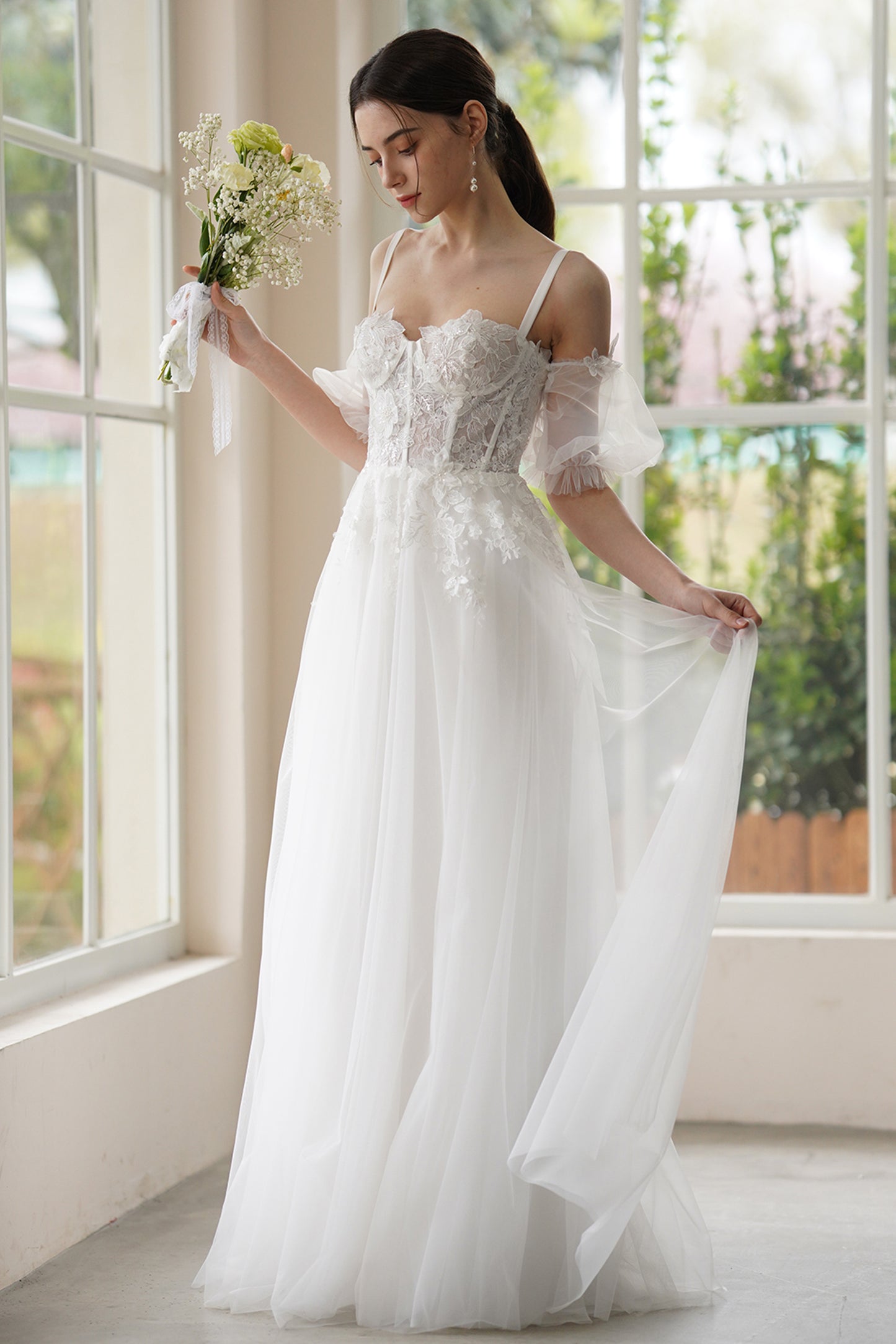 A-Line Sweep-Brush Train Lace Tulle Wedding Dress CW3307