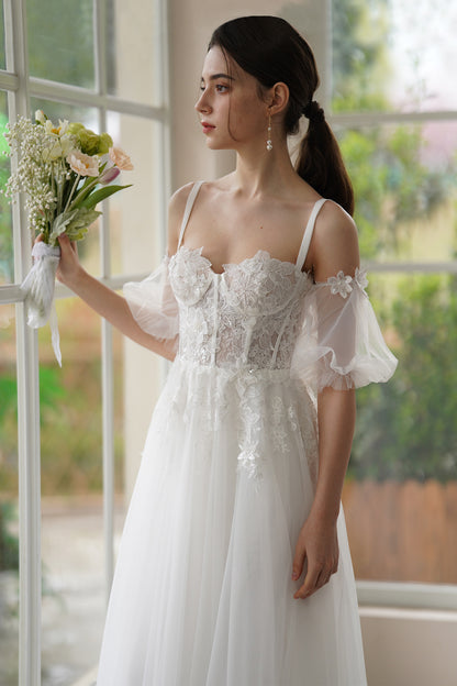 A-Line Sweep-Brush Train Lace Tulle Wedding Dress CW3307