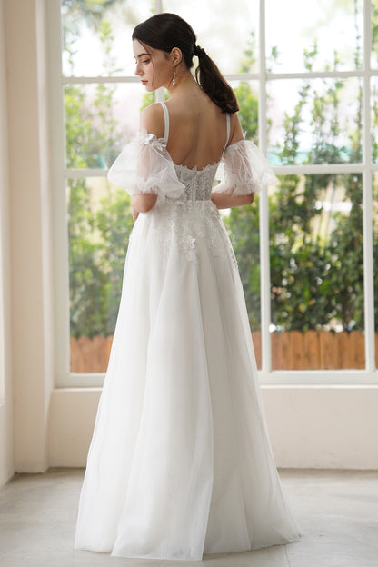 A-Line Sweep-Brush Train Lace Tulle Wedding Dress CW3307