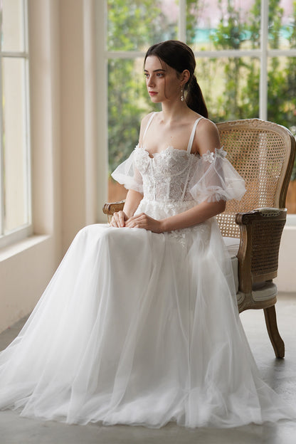 A-Line Sweep-Brush Train Lace Tulle Wedding Dress CW3307