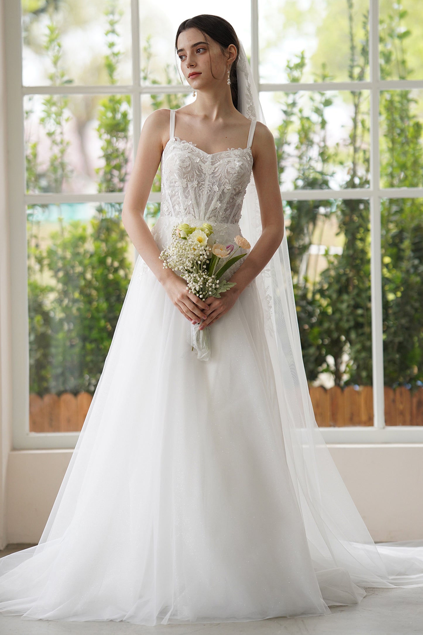 A-Line Sweep-Brush Train Lace Tulle Wedding Dress CW3308