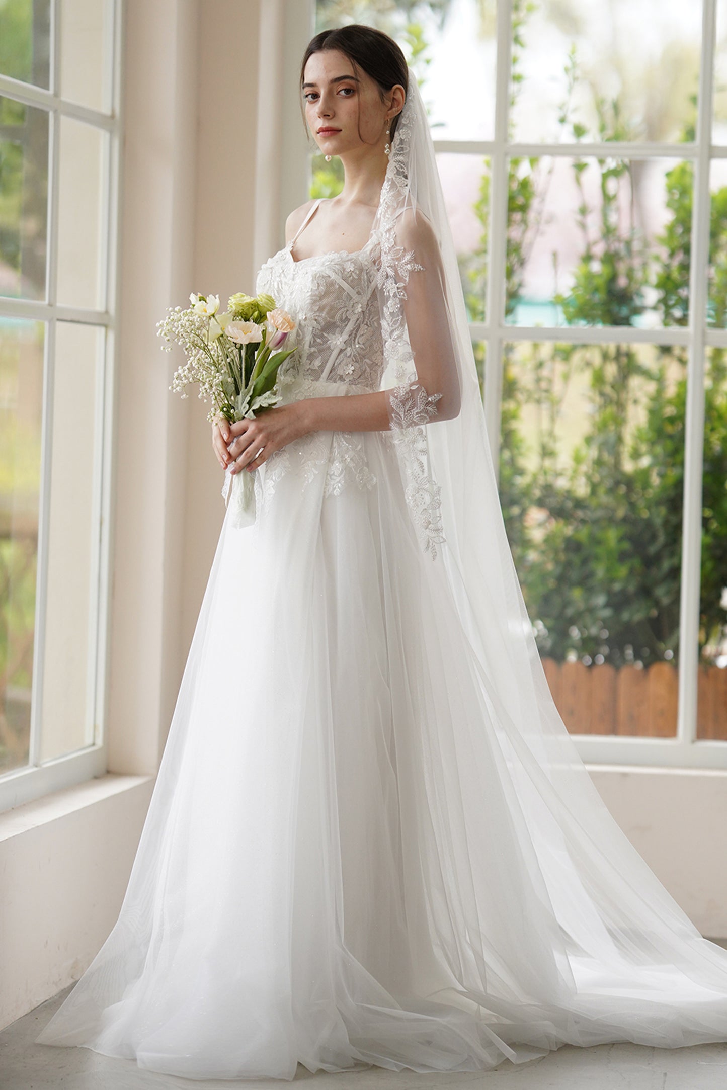 A-Line Sweep-Brush Train Lace Tulle Wedding Dress CW3308