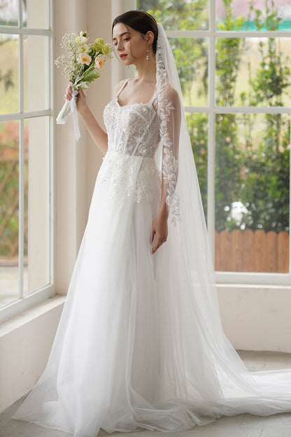 A-Line Sweep-Brush Train Lace Tulle Wedding Dress CW3308