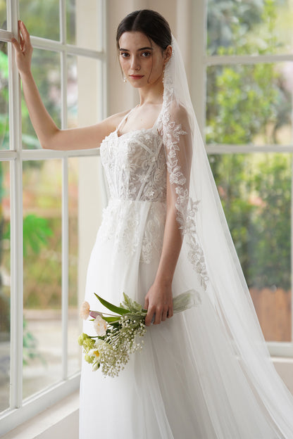 A-Line Sweep-Brush Train Lace Tulle Wedding Dress CW3308