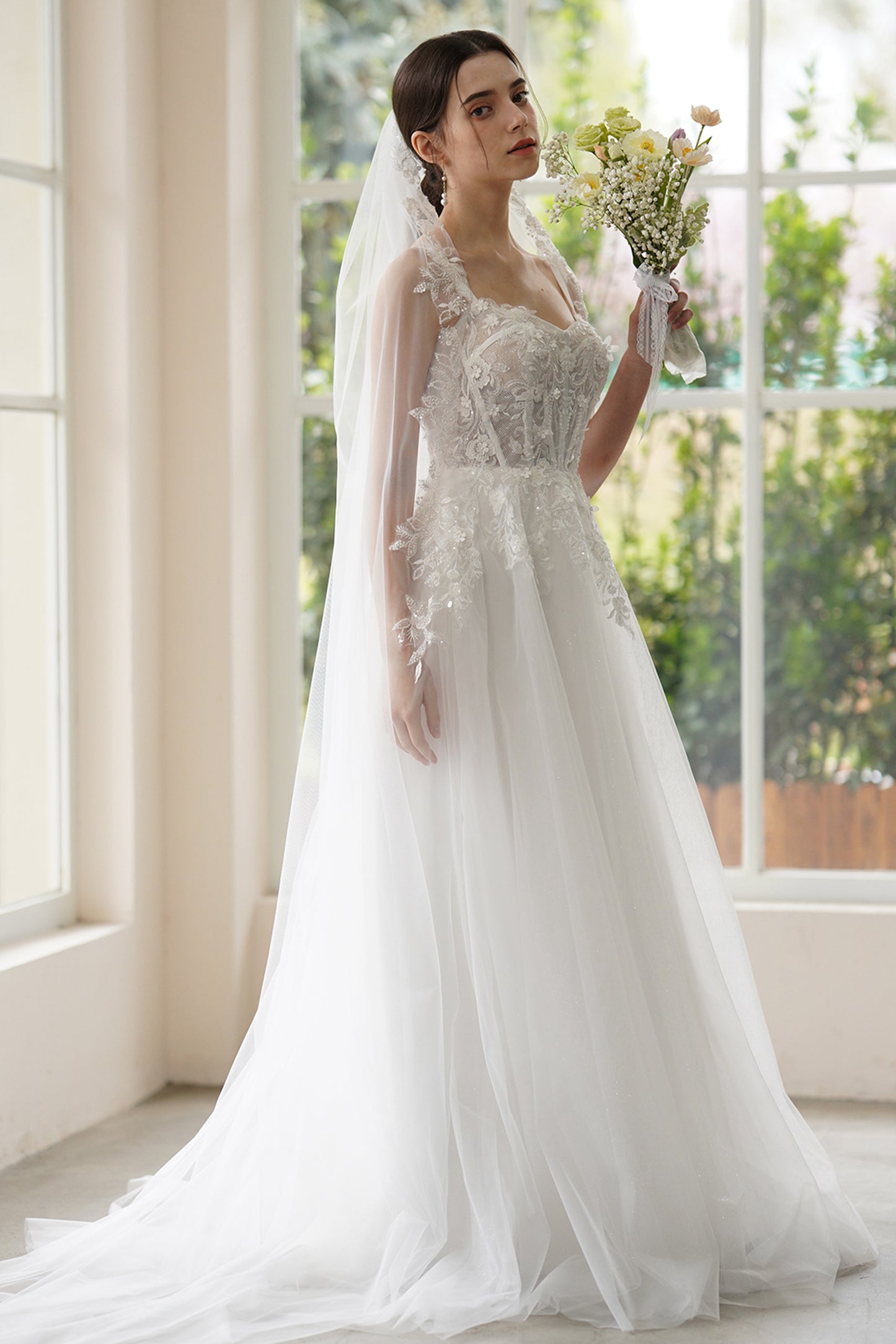 A-Line Sweep-Brush Train Lace Tulle Wedding Dress CW3308