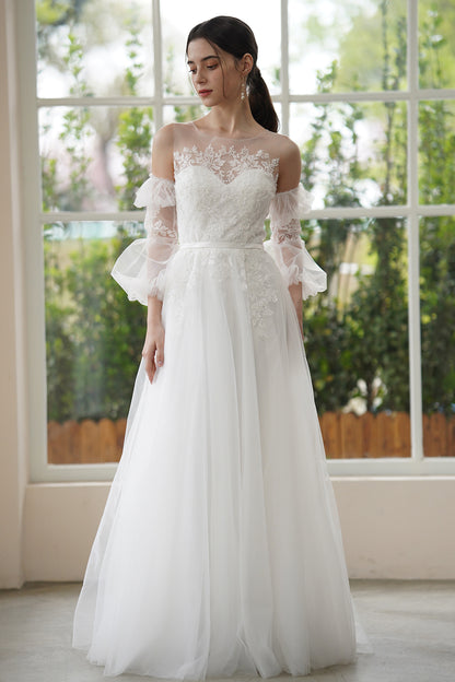 A-Line Sweep-Brush Train Lace Tulle Wedding Dress CW3309