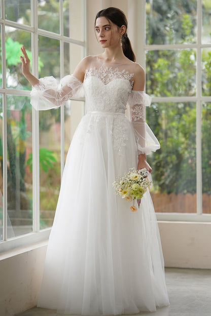 A-Line Sweep-Brush Train Lace Tulle Wedding Dress CW3309