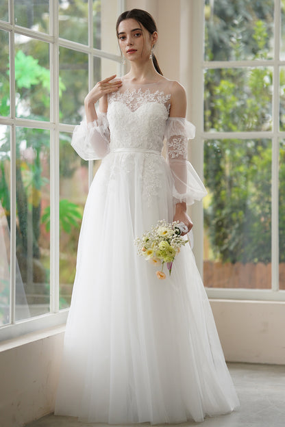 A-Line Sweep-Brush Train Lace Tulle Wedding Dress CW3309