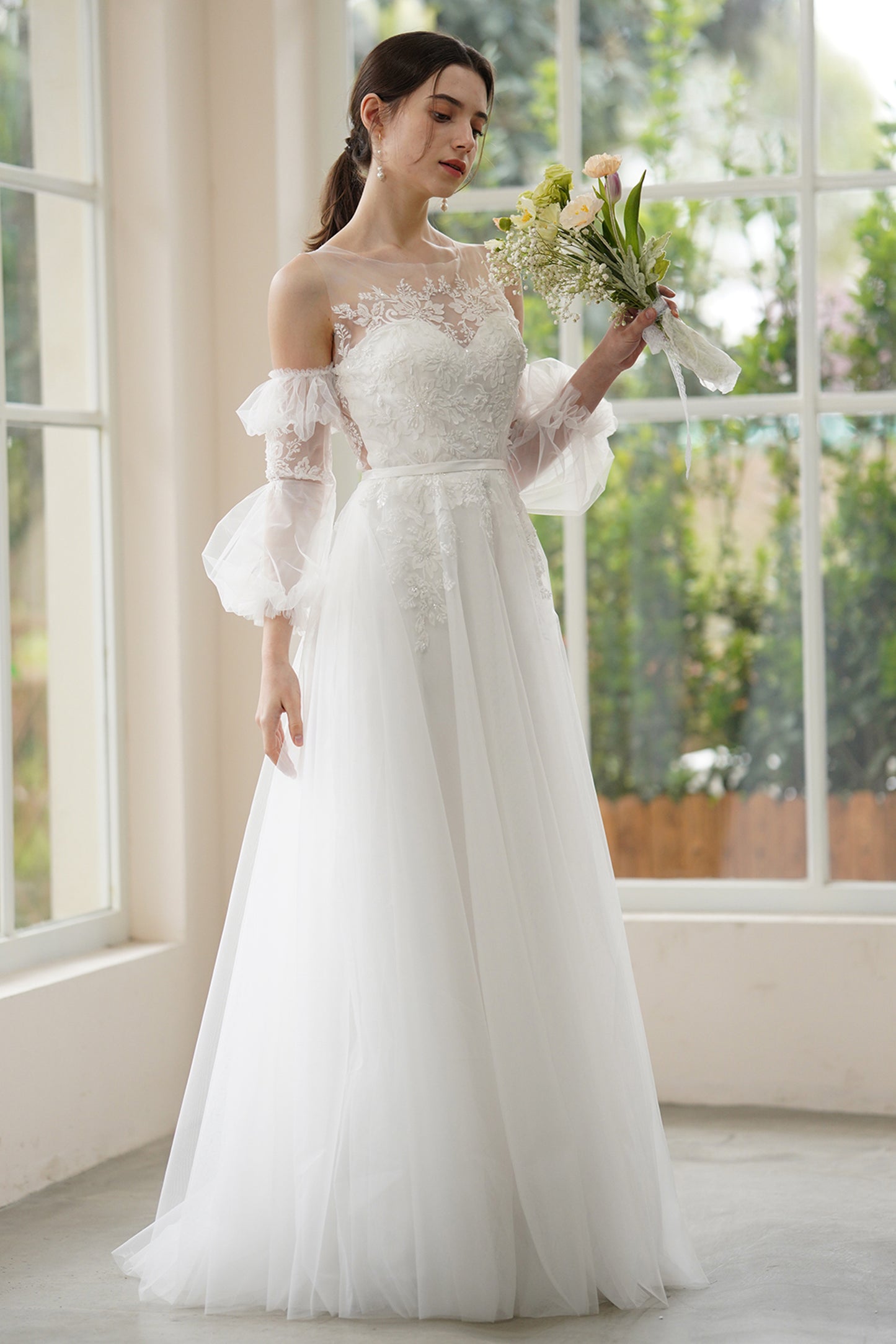 A-Line Sweep-Brush Train Lace Tulle Wedding Dress CW3309