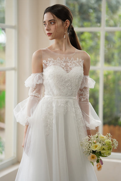 A-Line Sweep-Brush Train Lace Tulle Wedding Dress CW3309