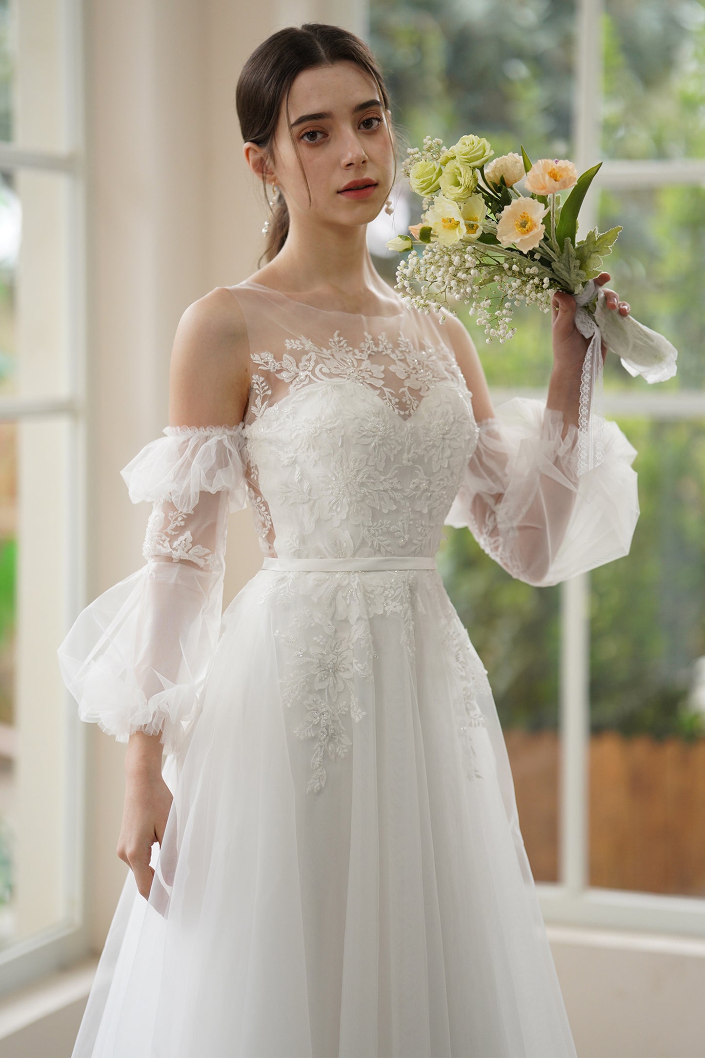 A-Line Sweep-Brush Train Lace Tulle Wedding Dress CW3309