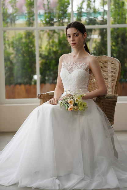 A-Line Sweep-Brush Train Lace Tulle Wedding Dress CW3309