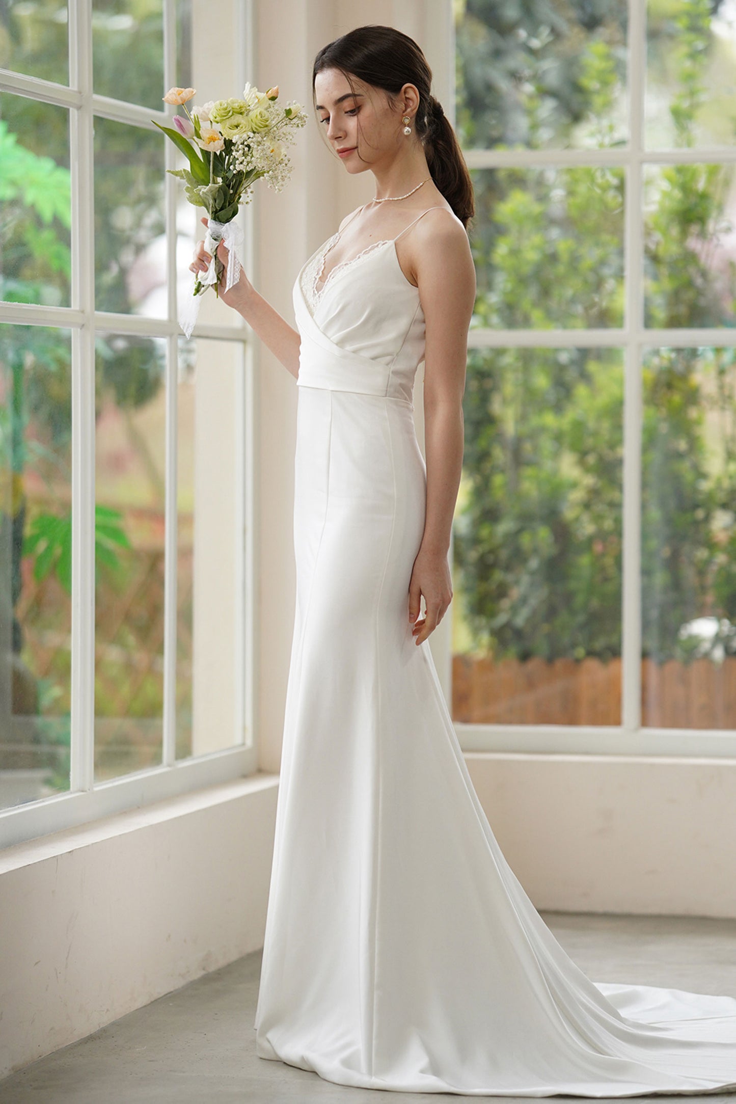 Trumpet-Mermaid Sweep-Brush Train Stretch Satin Wedding Dress CW3310