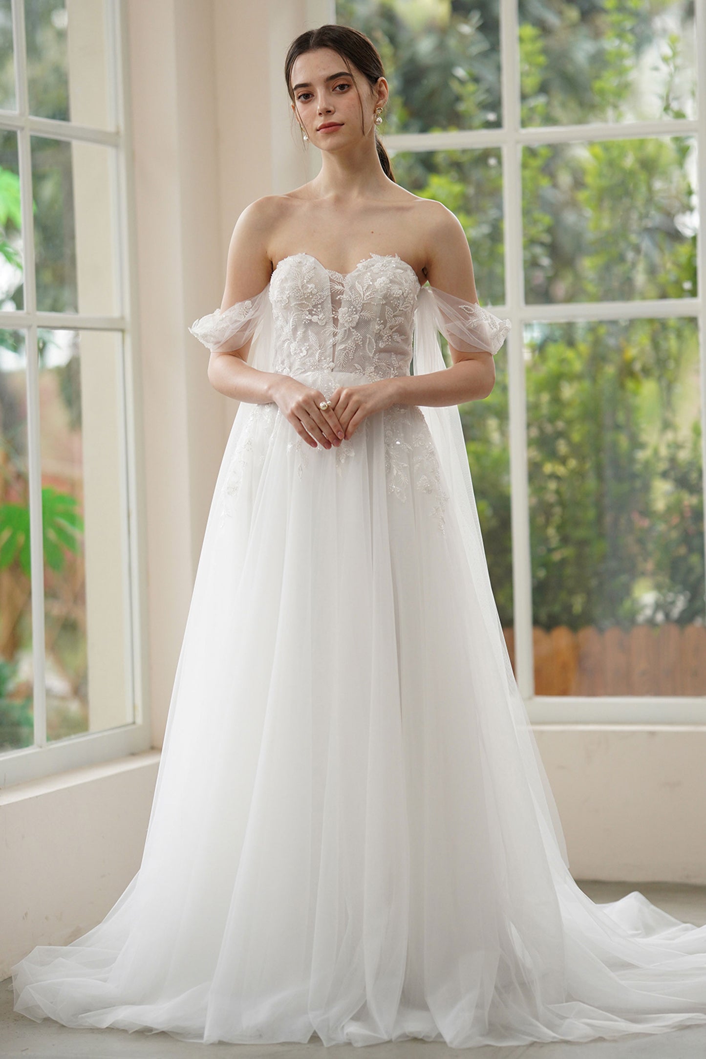 A-Line Sweep-Brush Train Lace Tulle Wedding Dress CW3313