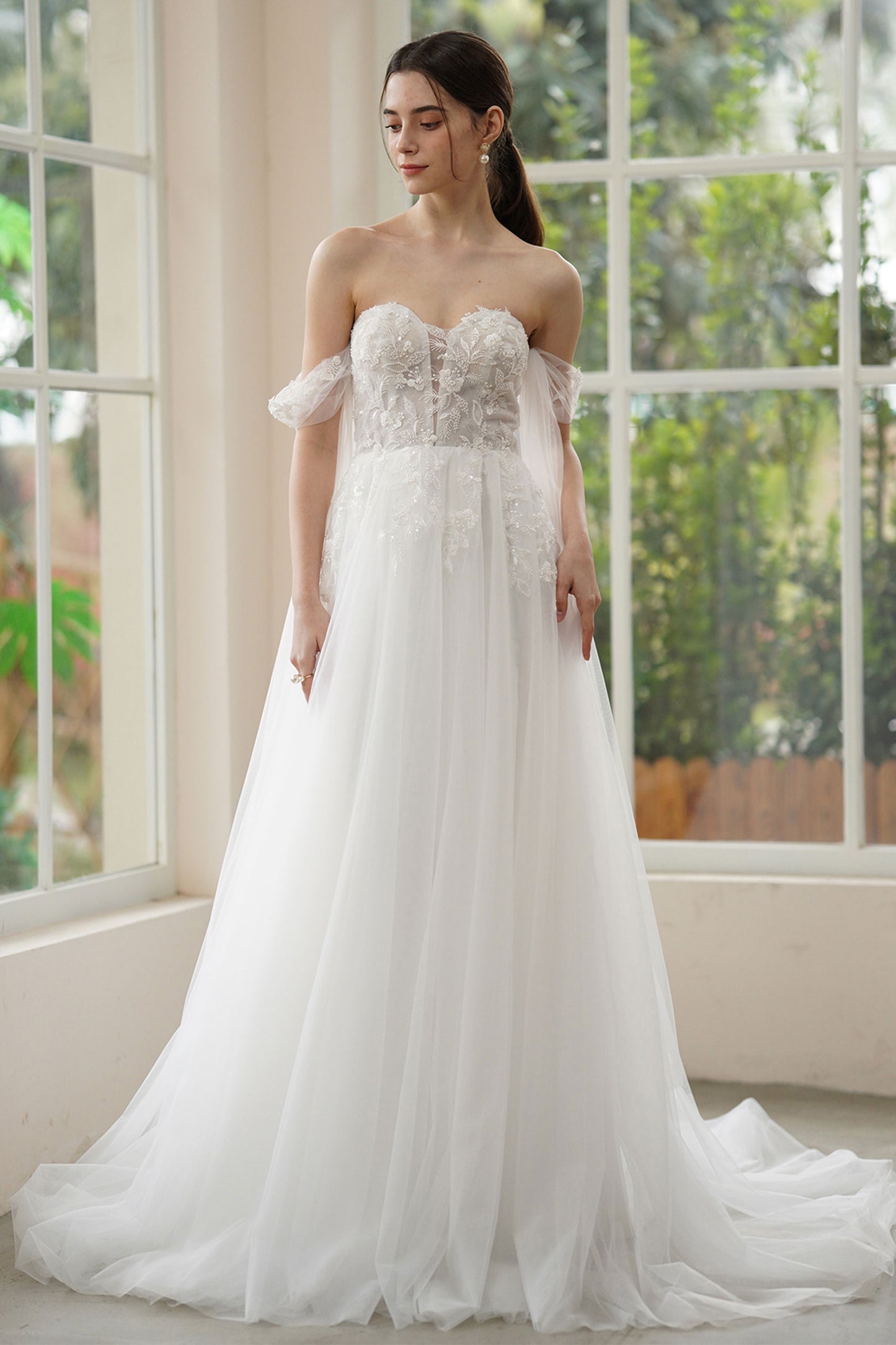 A-Line Sweep-Brush Train Lace Tulle Wedding Dress CW3313