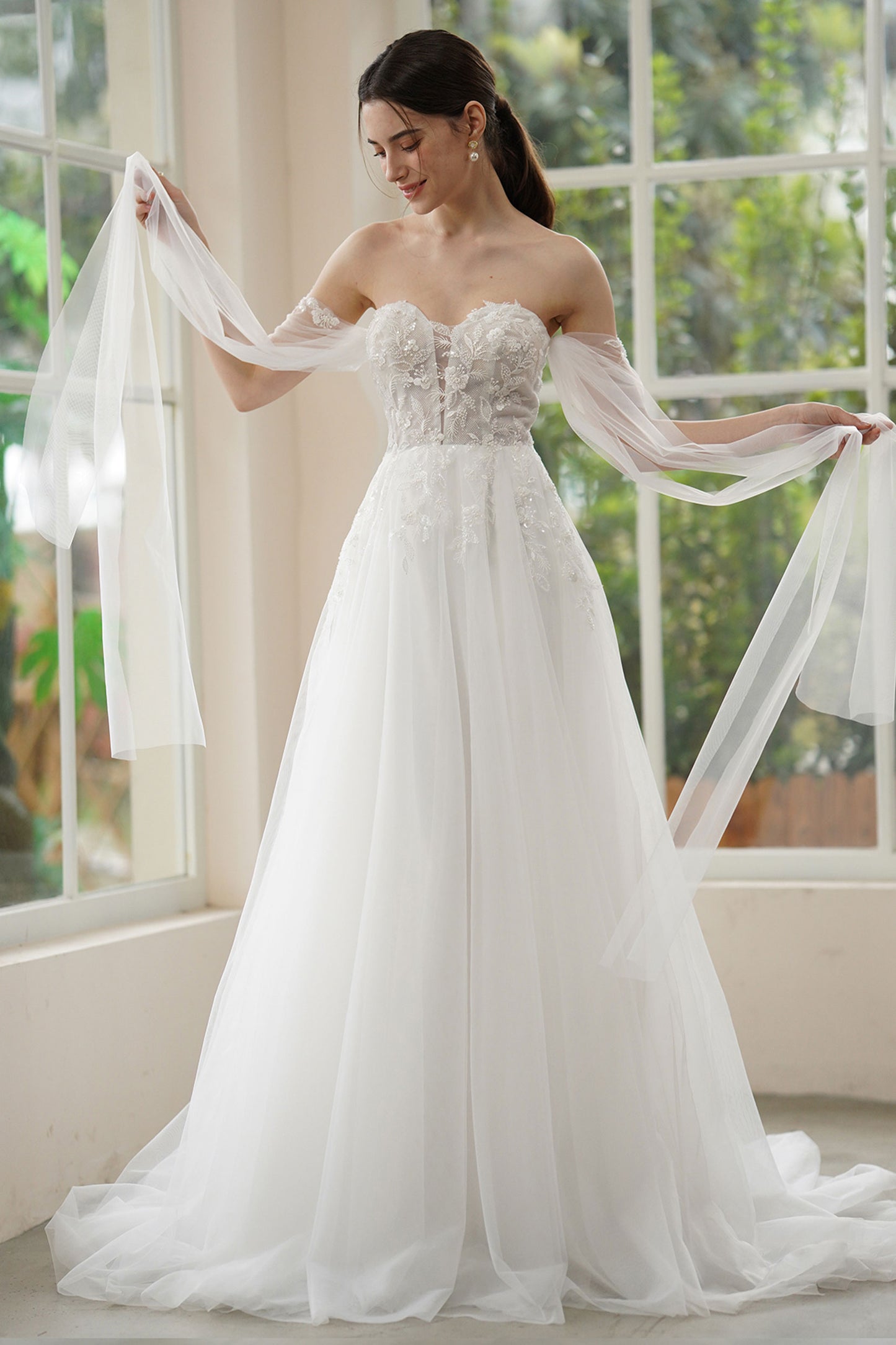 A-Line Sweep-Brush Train Lace Tulle Wedding Dress CW3313