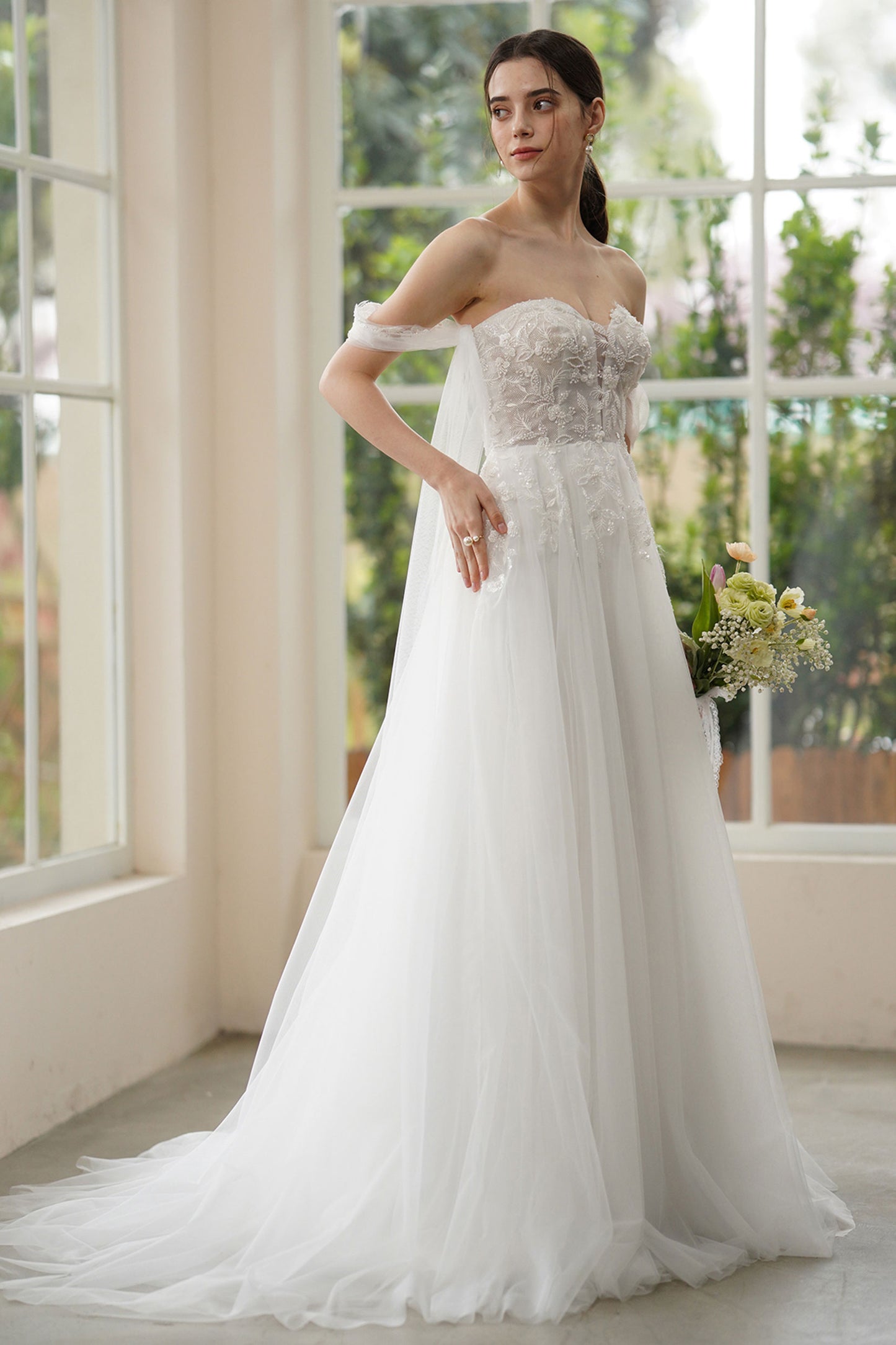 A-Line Sweep-Brush Train Lace Tulle Wedding Dress CW3313