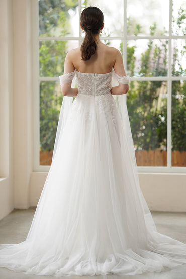 A-Line Sweep-Brush Train Lace Tulle Wedding Dress CW3313