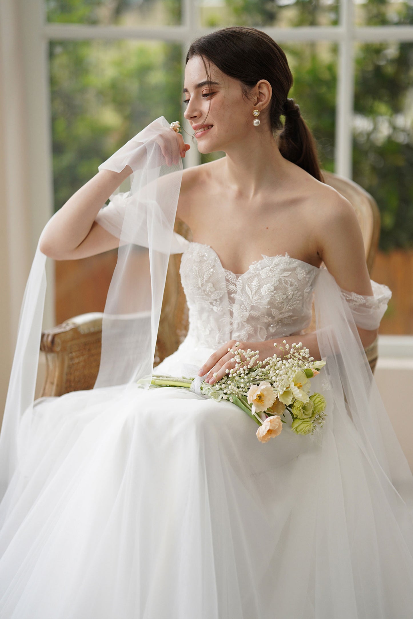 A-Line Sweep-Brush Train Lace Tulle Wedding Dress CW3313