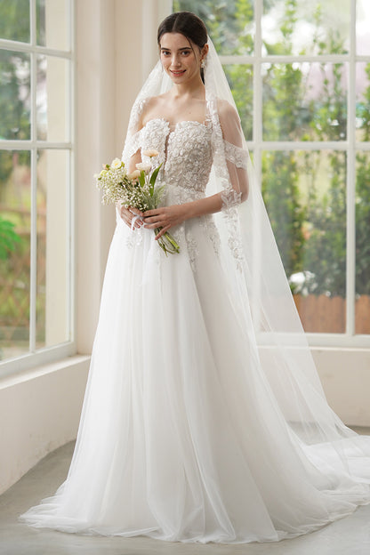 A-Line Sweep-Brush Train Lace Tulle Wedding Dress CW3314