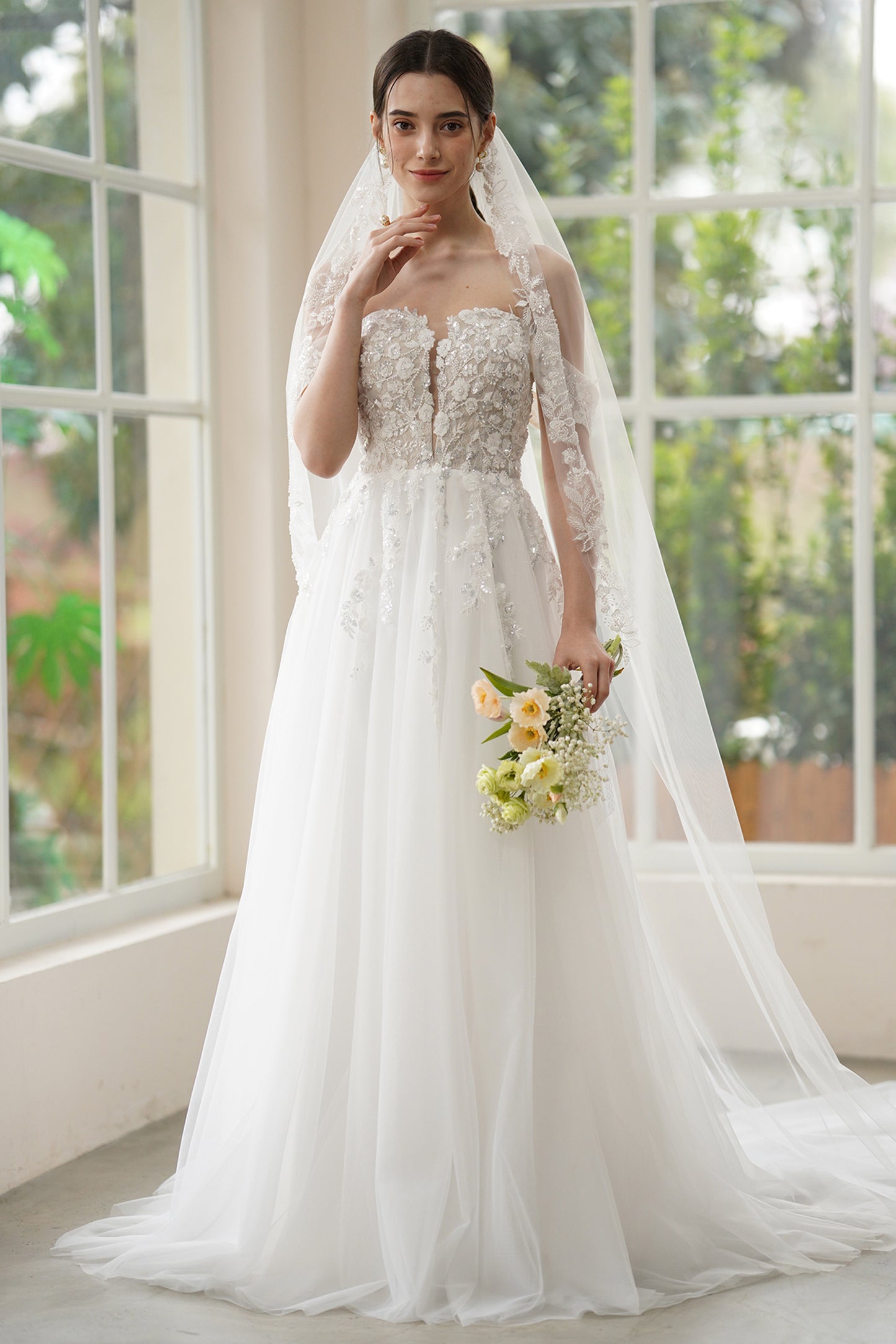 A-Line Sweep-Brush Train Lace Tulle Wedding Dress CW3314