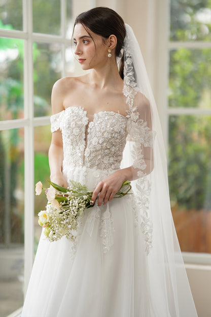 A-Line Sweep-Brush Train Lace Tulle Wedding Dress CW3314