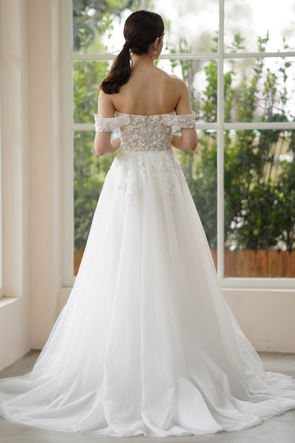 A-Line Sweep-Brush Train Lace Tulle Wedding Dress CW3314