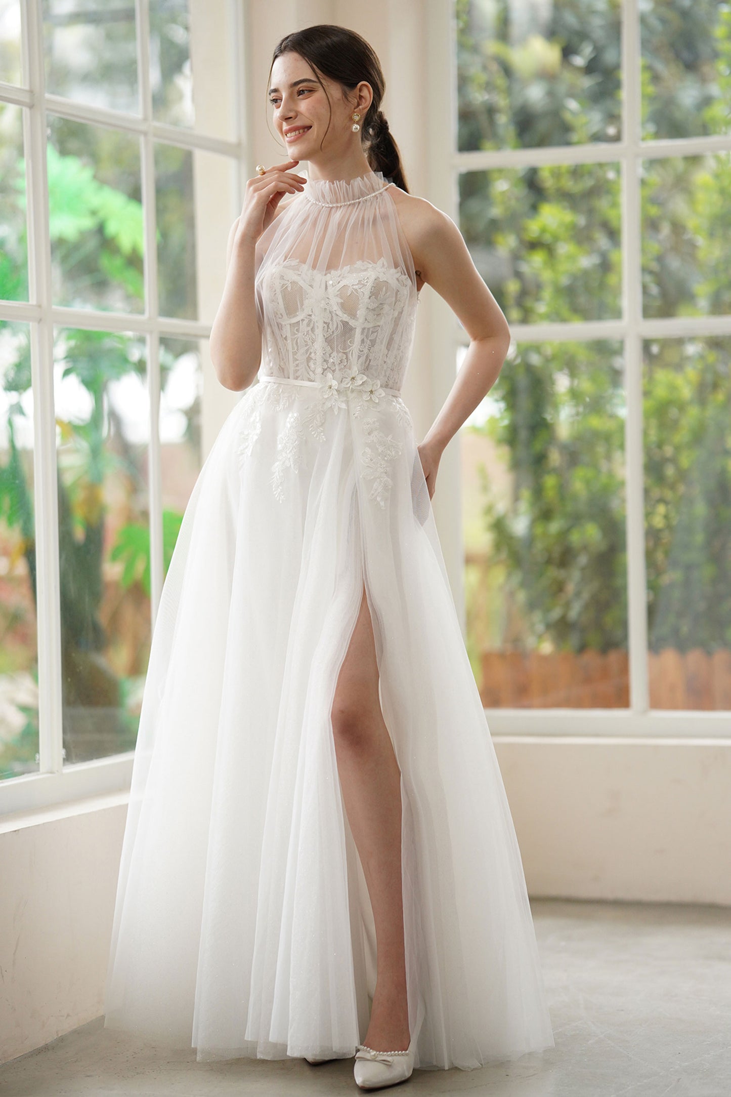 A-Line Sweep-Brush Train Lace Tulle Wedding Dress CW3315