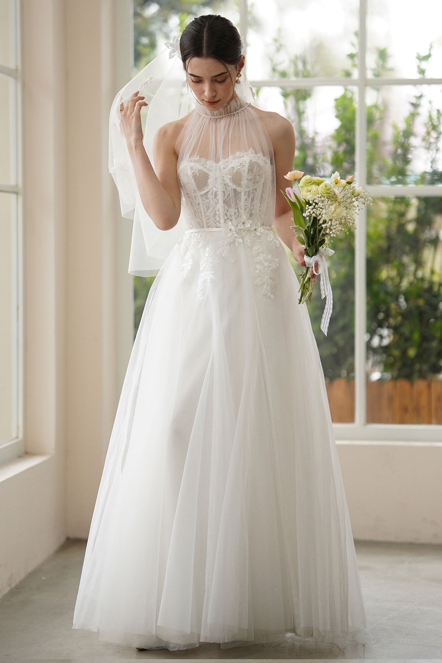 A-Line Sweep-Brush Train Lace Tulle Wedding Dress CW3315