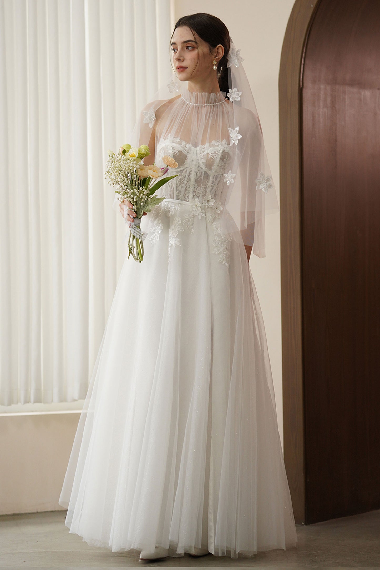 A-Line Sweep-Brush Train Lace Tulle Wedding Dress CW3315