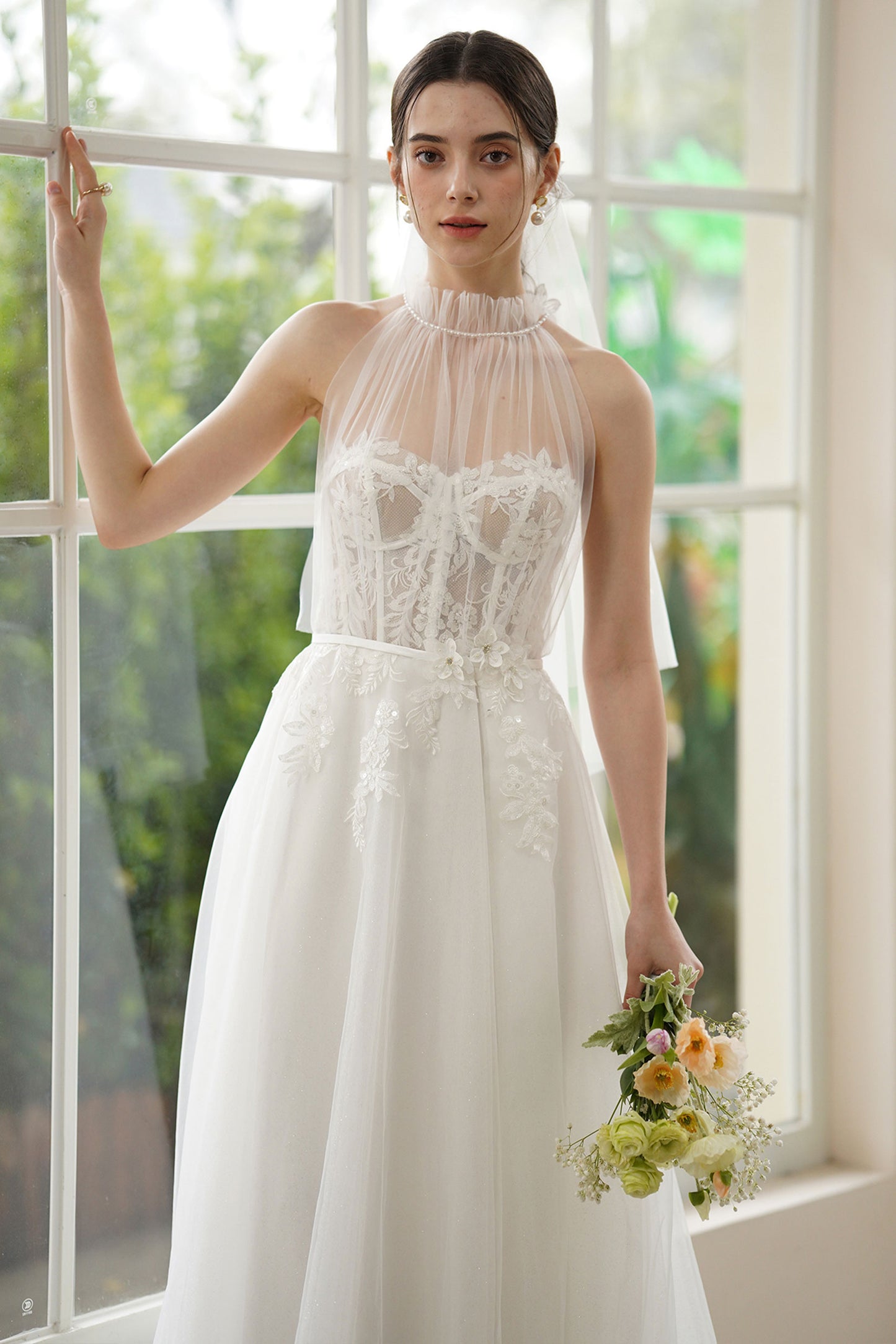 A-Line Sweep-Brush Train Lace Tulle Wedding Dress CW3315