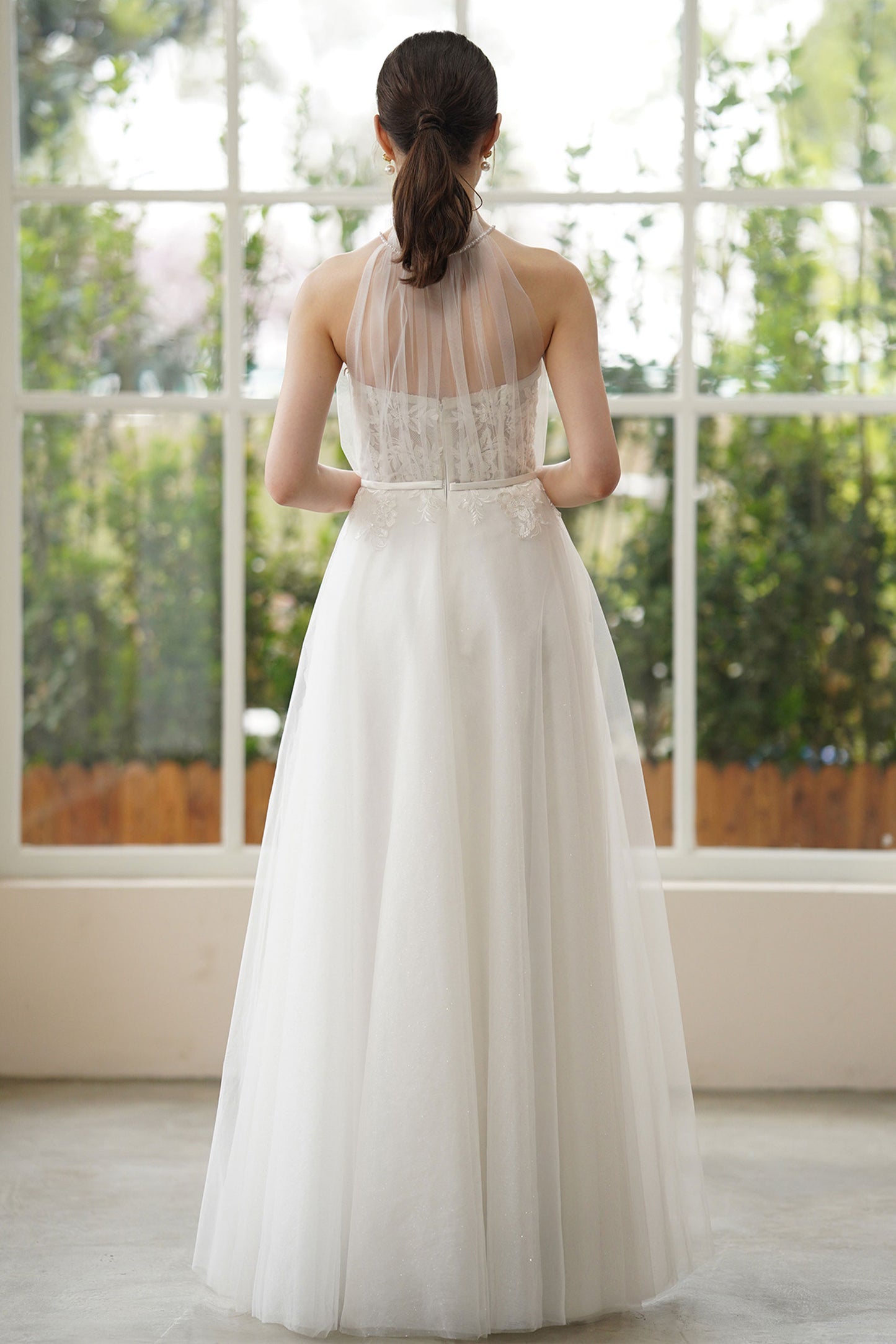 A-Line Sweep-Brush Train Lace Tulle Wedding Dress CW3315