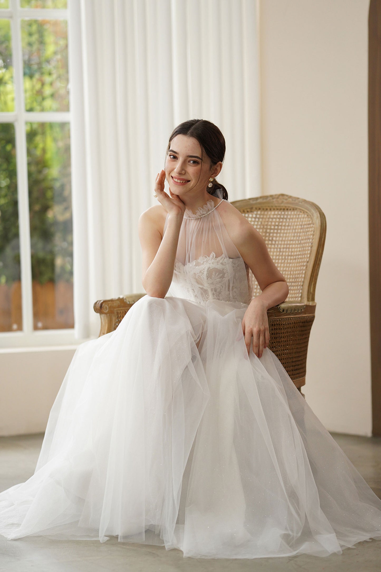 A-Line Sweep-Brush Train Lace Tulle Wedding Dress CW3315