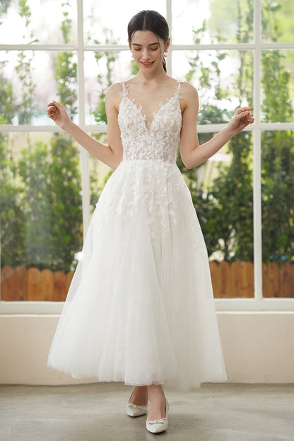 A-Line Ankle Length Lace Tulle Wedding Dress CW3316