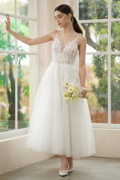 A-Line Ankle Length Lace Tulle Wedding Dress CW3316