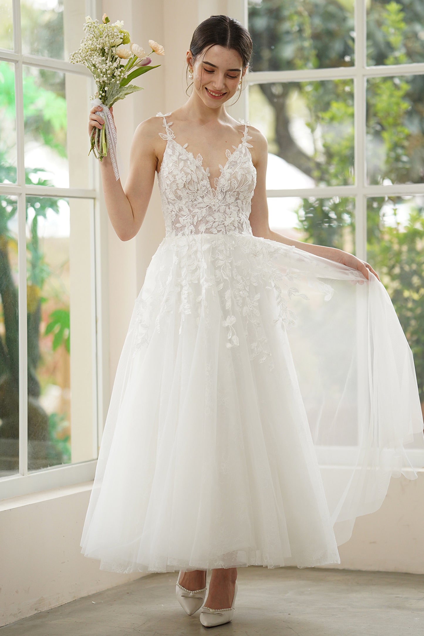 A-Line Ankle Length Lace Tulle Wedding Dress CW3316