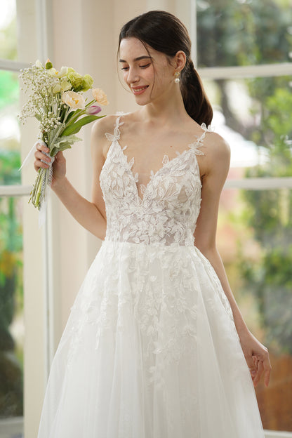 A-Line Ankle Length Lace Tulle Wedding Dress CW3316