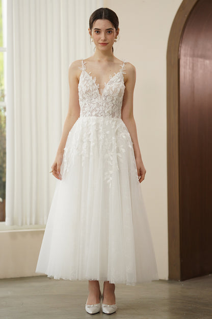 A-Line Ankle Length Lace Tulle Wedding Dress CW3316