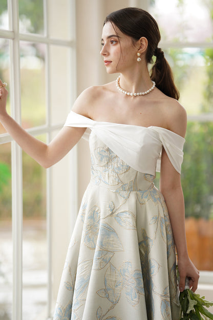 A-Line Tea Length Jacquard Satin Wedding Dress CW3318