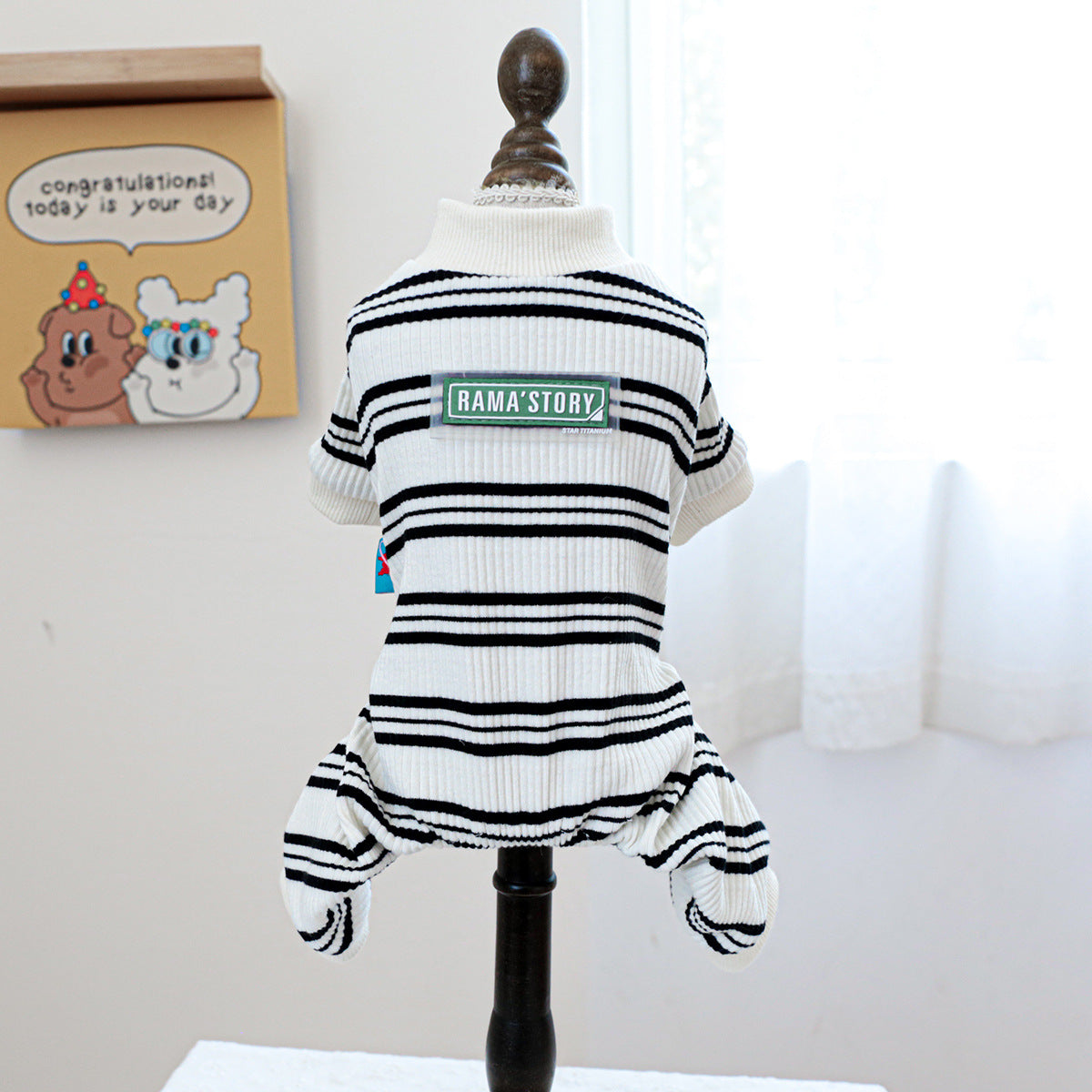 Pet clothes Dog cat clothing one-piece black and white strip home clothes 826130083807