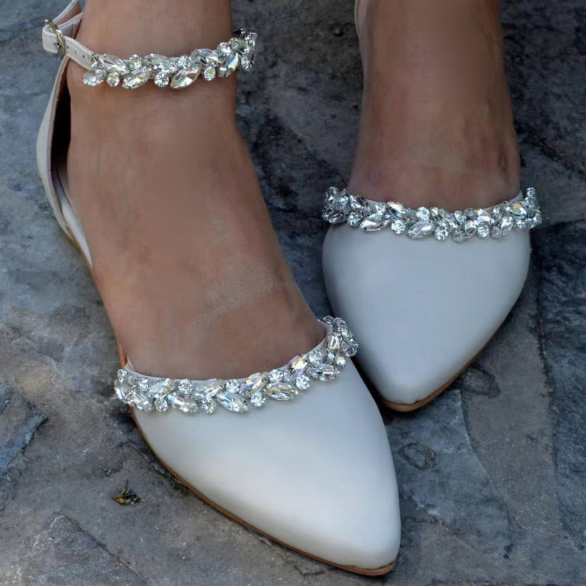 White flat sandal wedding shoes diamond chain line with large size wedding shoes  728300420906