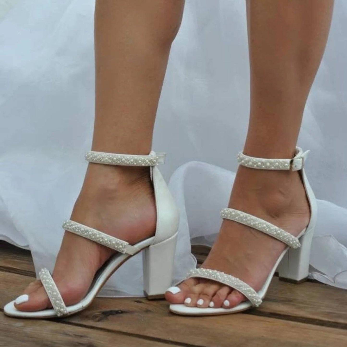 Pearl line fashion wedding shoes with chunky heel 709269474640