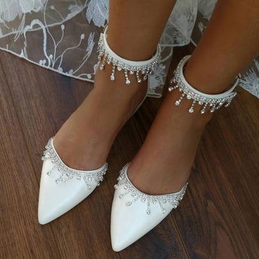 White flat sandal wedding shoes dance diamond chain line wedding shoes 708270132734