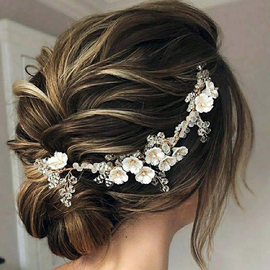 White ceramic flower crystal millet beaded beaded hair comb side comb wedding bridal tiara 777865234923