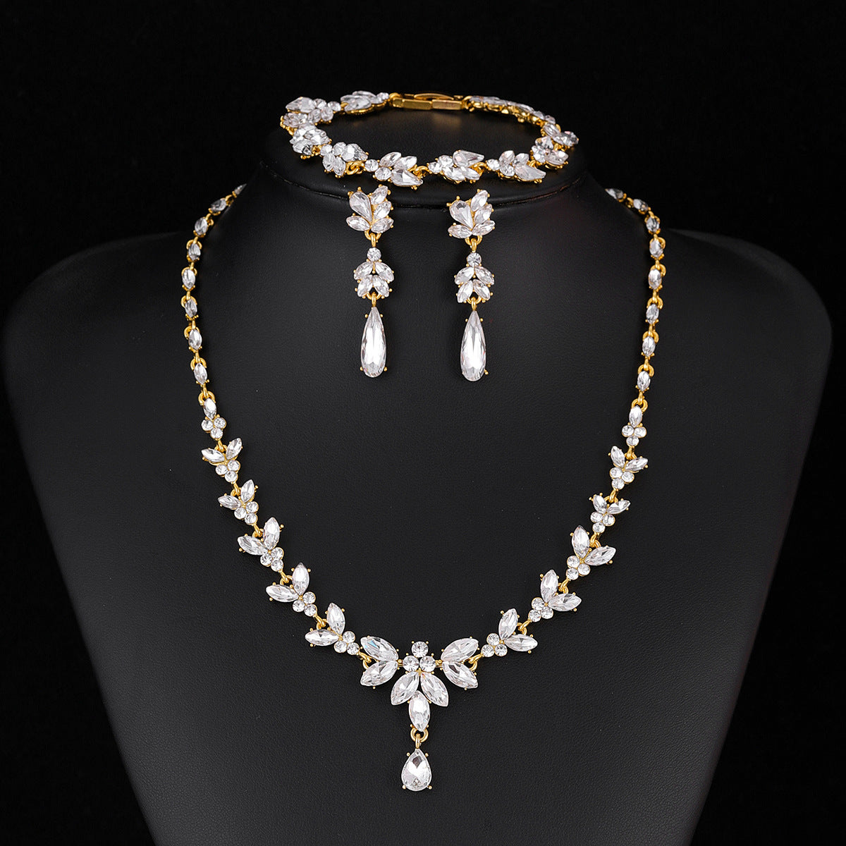 Horse eye zircon necklace earrings bracelet three-piece light luxury shiny bridal jewelry set 723684699296