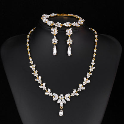 Horse eye zircon necklace earrings bracelet three-piece light luxury shiny bridal jewelry set 723684699296