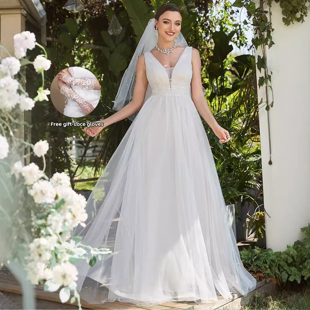 A-Line  Sweep-Brush Train Tulle Wedding Dress 837230348553