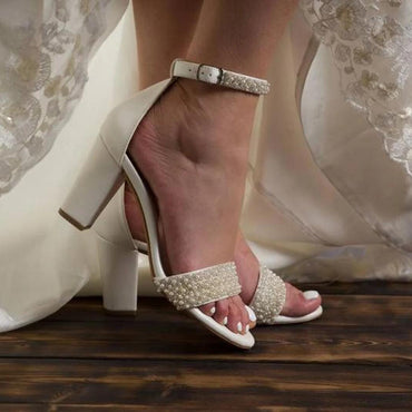 White high-heeled sandals chunky wedding shoes pearl line strap women's shoes 708036540906