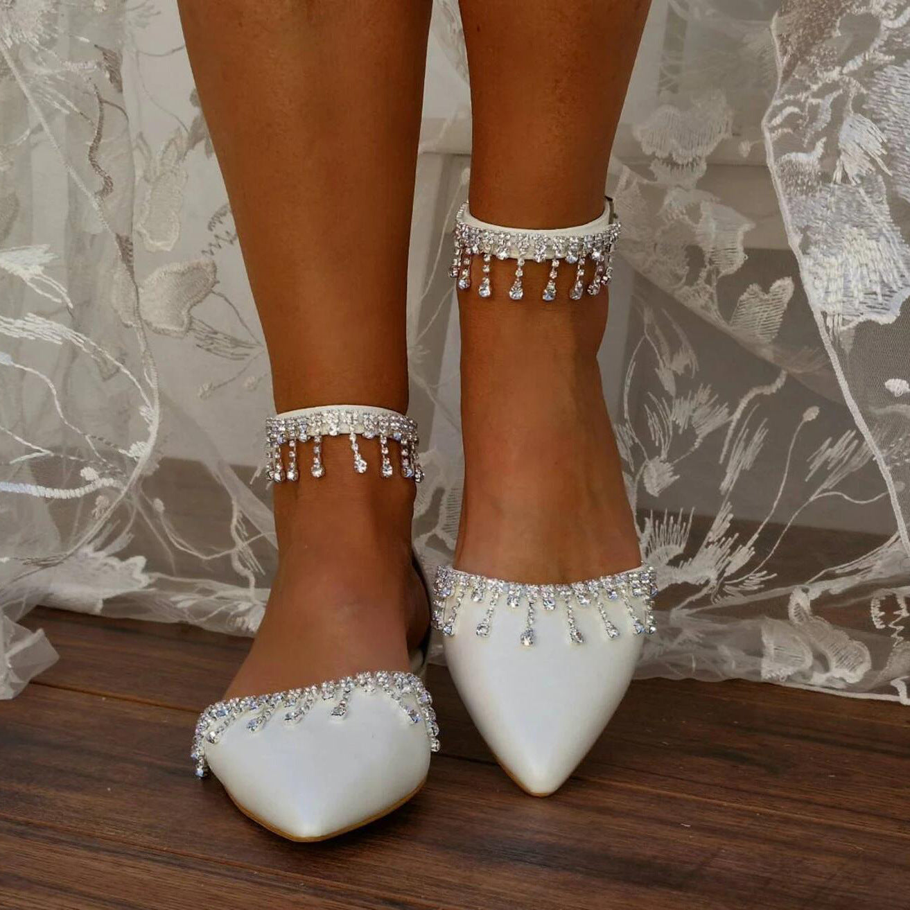 White flat sandal wedding shoes dance diamond chain line wedding shoes 708270132734